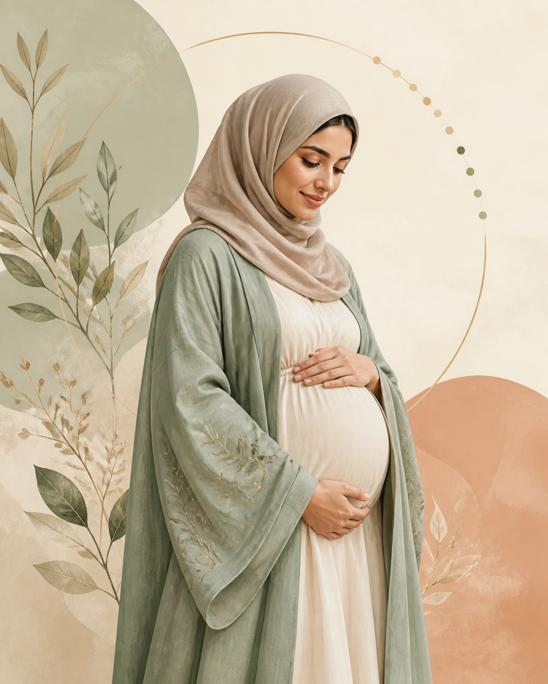 رسم فني لأم عربية حامل بملابس محتشمة وسط زخارف نباتية